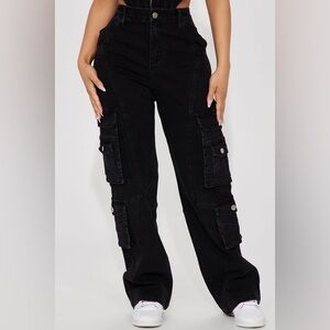 fashion nova petite mulholland drive 90's cargo straight leg jeans in black wash